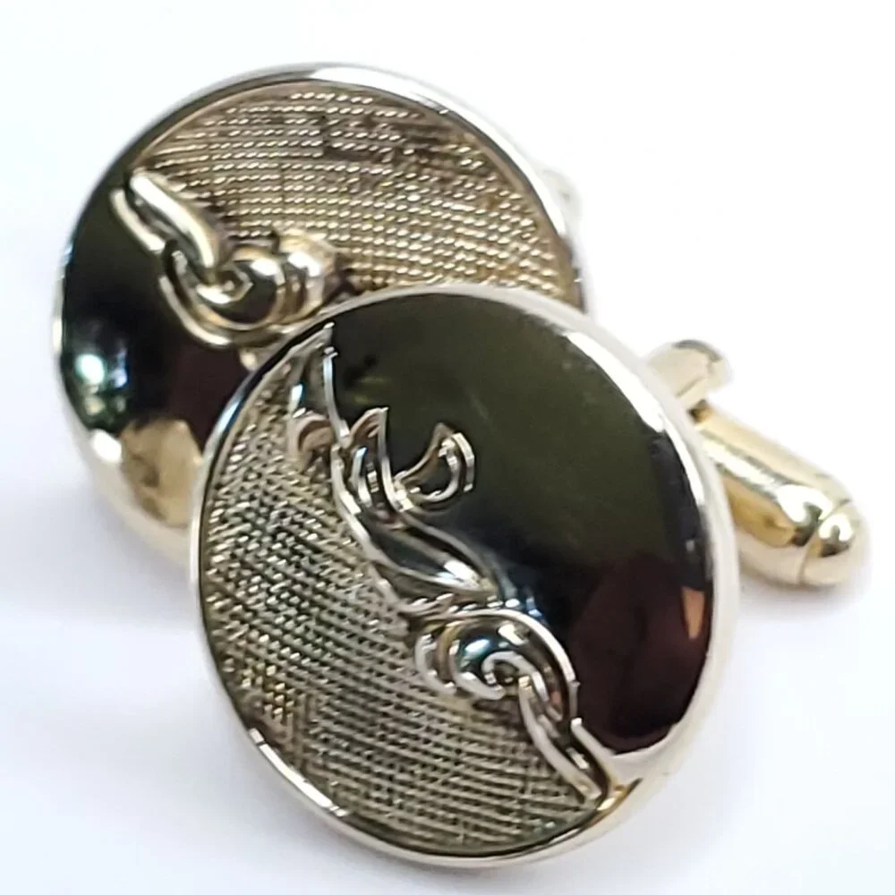 Vintage Cufflinks Tie Tack Set Gold Tone Round Textured Shiny